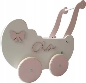 Drevený kočík pre bábiky biela + ružová