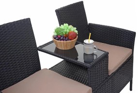 Záhradná lavica so stolíkom E24 - umelý ratan, 132cm - Čierna, sedáky krémová