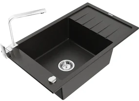 Mexen Elias, granitový drez granitový 795x480x200 mm, 1-komorový, čierna-zlatá metalíza s chrómovým sifónom a chrómová drezová batéria Rita, 6511-75-670300-00