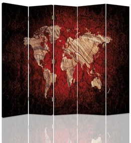 Gario Paraván Rustikálna mapa sveta v červenej farbe Rozmery: 180 x 170 cm, Prevedenie: Klasický paraván
