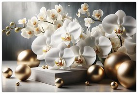 Obraz - Orchidea a zlaté gule (90x60 cm)