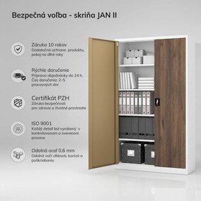 Kancelárska kovová skriňa na spisy biela / orech: Eco Design JAN II, 1150 x 1850 x 400 mm