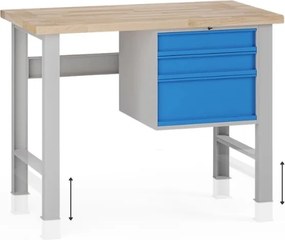 Výškovo nastaviteľný dielenský stôl G7, buková škárovka, 1200 x 685 x 840-1040 mm, 1x kontajner, 3 zásuvky, modrá