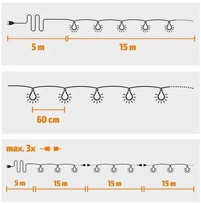SOLIGHT LED vonkajšia reťaz s žiarovkami, 25 žiaroviek, 15m +5m, 20W, teplá biela