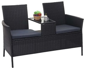 Záhradná lavica so stolíkom E24 - umelý ratan, 132cm - Čierna, sedáky tmavosivá