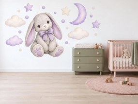 Plyšový zajačik s mašľou levanduľové textilné nálepky na stenu arch 46 x 34 cm