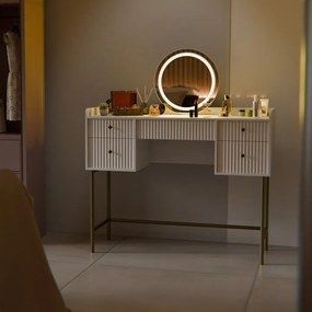Toaletný stolík s LED zrkadlom, 5 zásuviek, biela/zlatá