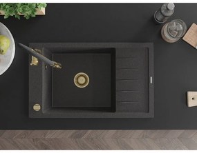 Mexen Elias, 1-komorový granitový drez 795x480x200 mm a drezová batéria Aster, čierna škvrnitá, 6511-76-73450-57-G