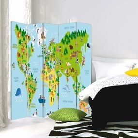 Ozdobný paraván, Mapa světa pro děti - 180x170 cm, päťdielny, obojstranný paraván 360°