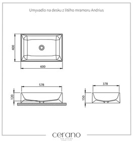 Cerano Andrius, umývadlo na dosku z liateho mramoru 60x40x12 cm, biela, CER-CER-395763