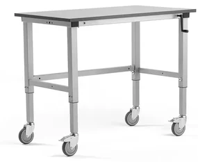 Manuálne nastaviteľný dielenský stôl MOTION s kolieskami, 1200x600 mm