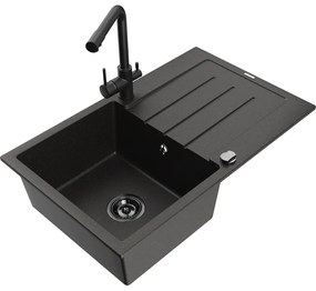 Mexen Bruno, 1-komorový granitový drez s odkvapkávačom 795x495x200 mm a čierna batéria Duero, čierna-zlatá metalíza, 6513-75-671600-70-B