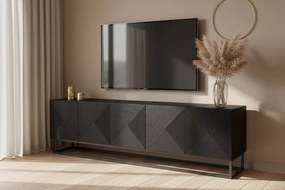 TV skrinka Asha 200 cm s ryhovanými dvierkami a kovovou podnožou - čierny mat