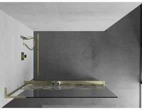 Mexen Kioto+ L, sprchová zástena Walk-In s poličkou a vešiakom 90 x 200 cm, 8mm číre sklo biely vzor, zlatý matný profil, 800-090-123-55-85