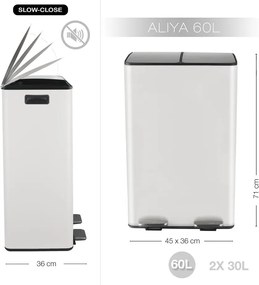 Matne biely oceľový odpadkový kôš 2x30 l na triedený odpad/nášľapný Aliya – Spirella