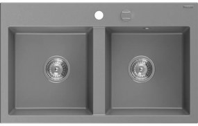 Mexen Hektor, 2-komorový granitový drez 800x480x205 mm, šedá, chrómový sifón, 6521802000-71