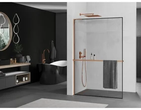 Mexen Kioto+ L, sprchová zástena Walk-In s poličkou a vešiakom 50 x 200 cm, 8mm číre sklo čierny vzor, ružové zlato profil, 800-050-123-60-70