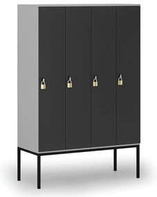 Drevená šatníková skrinka S4 s podnožou, 4 oddiely, 1871 x 1200 x 500 mm, demont, otočný zámok, sivá/grafit