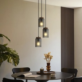 Moderné závesné svietidlo čierne s drevom a matným sivým sklom 3-Lights - Umbra