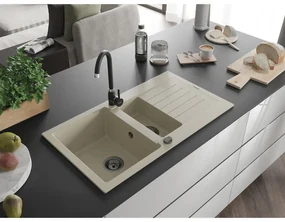 Mexen Matias, granitový drez 900x505x200 mm, 1,5-komorový a čierna batéria Telma, béžová, 6502-69-670200-70