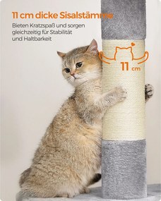 Mačací hrad Feandrea XL (101 cm), s 2 jaskyňami a vyhliadkovou plošinou, do 20 kg, svetlošedá