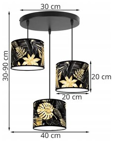 Závesné svietidlo Gold Flowers, 3x čierne textilné tienidlo s kvetinovým vzorom, o