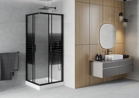Mexen Rio, štvorcový sprchovací kút s posuvnými dverami 80(dvere) x 80(dvere) x 190 cm, 6mm číre sklo s pásikmi, čierny profil + biela sprchová vanička RIO, 860-080-080-70-20-4510