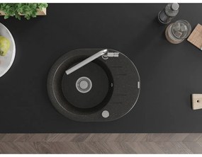 Mexen Kevin, 1-komorový granitový drez 586x458x190 mm a drezová batéria Flora, čierna-zlatá metalíza, 6517-75-670401-00