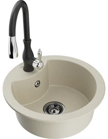 Mexen Diego, 1-komorový granitový drez 488x488x167 mm a drezová batéria Savita, béžová, 6512-69-672601-70