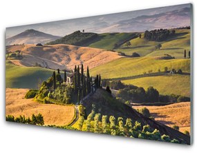 Skleneny obraz Príroda vrchoviny lúky domček 120x60 cm