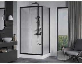 Mexen Apia, sprchový kút s posuvnými dverami 120 (dvere) x 90 (stena) cm, 6mm číre sklo, čierny profil + biela sprchová vanička RIO, 840-120-090-70-00-4510