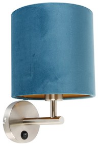 Elegantné nástenné svietidlo oceľové s modrým zamatovým tienidlom - matné