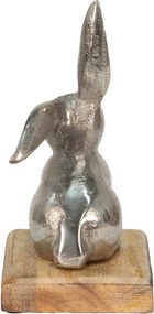 Dekorácia strieborný kovový králik na drevenom podstavci - 11*10*20 cm