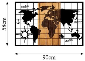 Nástenná dekorácia 90x58 cm mapa drevo/kov