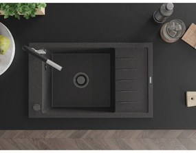Mexen Elias, 1-komorový granitový drez 795x480x200 mm a drezová batéria Flora, čierna škvrnitá, 6511-76-670401-07-B