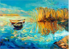Sklenený obraz - Jazero s loďkami (70x50 cm)