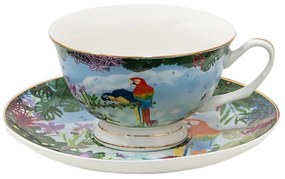 Porcelánová šálka s tanierikom s papagájmi Papagai - 12*10*6 cm / Ø 15*2 cm / 200 ml