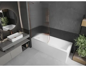 Mexen Next, vaňová zástena 1-krídlová 90 x 150 cm, fixné krídlo, 6 mm sklo s pruhmi, ružové zlato profil, 895-090-000-00-09-60