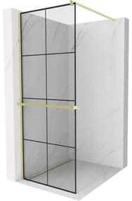 Mexen Kioto+, sprchová zástena Walk-In s poličkou a vešiakom 80 x 200 cm, 8mm číre sklo čierny vzor, zlatý matný profil, 800-080-121-55-77