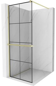 Mexen Kioto+, sprchová zástena Walk-In s poličkou a vešiakom 80 x 200 cm, 8mm číre sklo čierny vzor, zlatý matný profil, 800-080-121-55-77