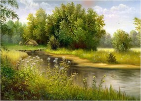 Sklenený obraz - Rieka pri lese, olejomaľba (70x50 cm)