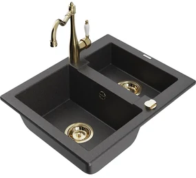 Mexen Carlos, granitový drez 582x475x177 mm, 1,5-komorový a drezová batéria Carla, čierna škvrnitá, 6518-76-670700-50