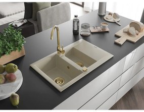 Mexen Gaspar, granitový drez 737x475x177 mm, 1,5-komorový, béžová so zlatým sifónom, 6507731505-69-G