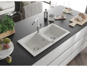 Mexen Mario, 2-komorový granitový drez 820x436x161 mm a drezová batéria Flora, biela, 6504-20-670401-02