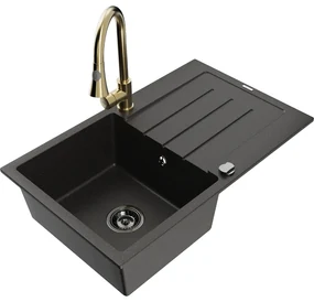 Mexen Bruno, 1-komorový granitový drez 795x495x200 mm a drezová batéria Elia, čierna-zlatá metalíza, 6513-75-670101-50-B