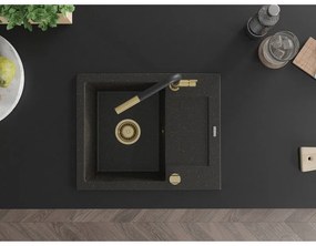 Mexen Enzo, 1-komorový granitový drez 576x465x174 mm a drezová batéria Flora, čierna-zlatá metalíza, 6506-75-670401-57-G