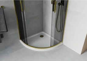 Mexen Rio, štvrťkruhový sprchovací kút s posuvnými dverami 80(dvere) x 80(dvere) x 190 cm, 6mm šedé sklo, zlatý profil + biela sprchová vanička SLIM, 863-080-080-50-40-4110G