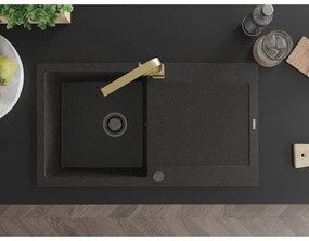 Mexen Leo, drez granitový 900x500x190 mm, 1-komorový, čierna - zlatá metalíza s čiernym sifónom a zlatá drezová batéria Rita, 6501-75-670300-50-B
