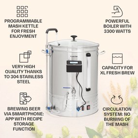 Klarstein Brauheld Smart 65, rmutovací kotol, 65 l, 2500 W, 100 °C, obehové čerpadlo, nehrdzavejúca oceľ