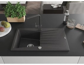Mexen Cesar, granitový drez 775x470x190 mm, 1-komorový, čierna škvrnitá s chrómovým sifónom a čierna škvrnitá drezová batéria Rita, 6514-76-670300-76
